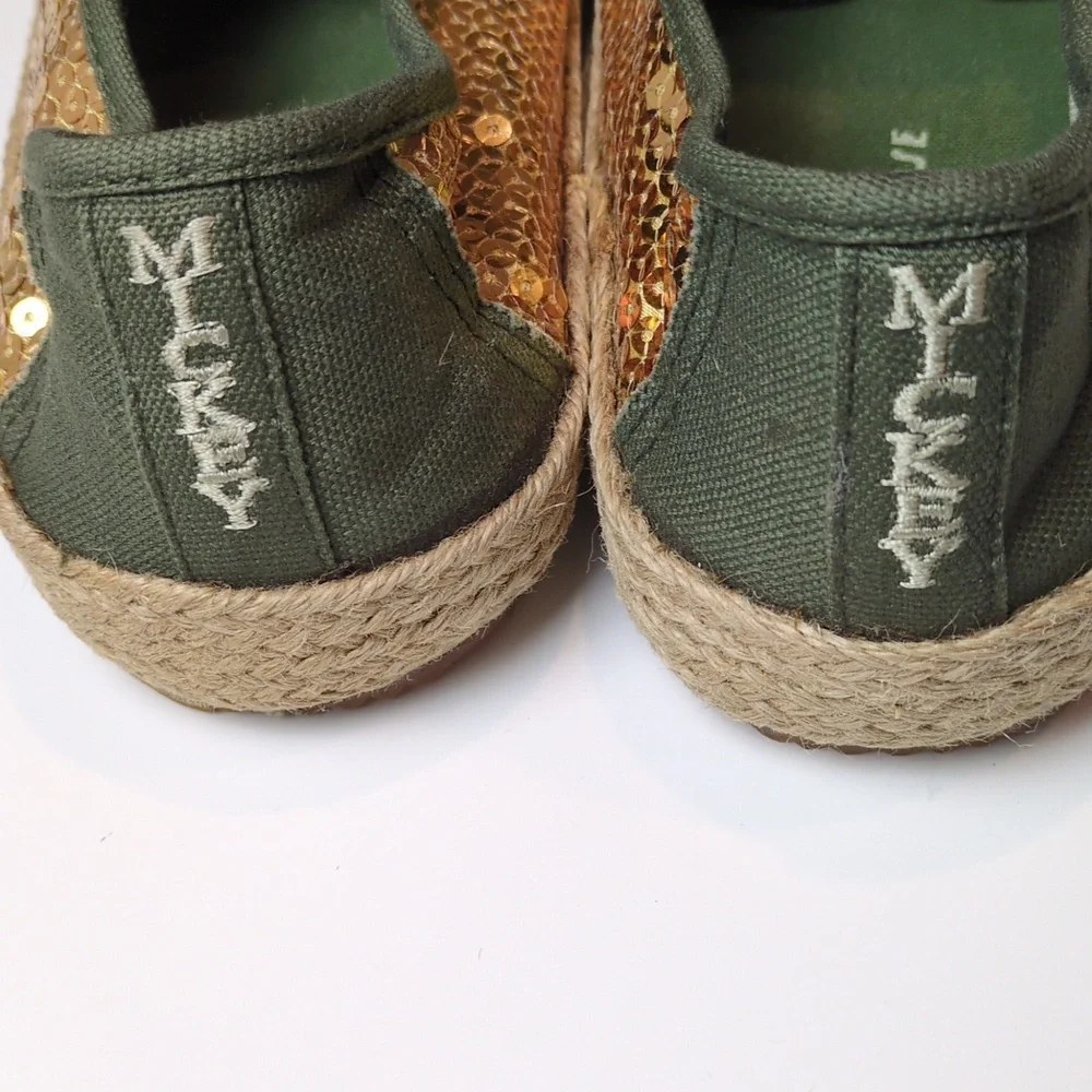 Disney Mickey Mouse Women's Olive Green Gold Sequin Espadrille Slip On Shoes 10